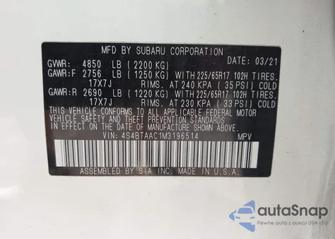 2021 Subaru Outback z USA, uszkodzony, nr VIN 4S4BTAAC1M3196514